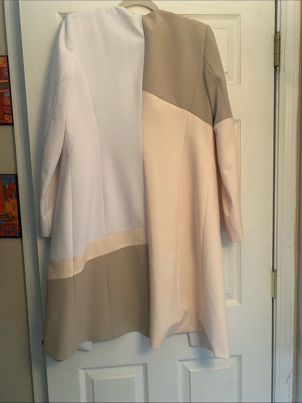 Calvin Klein Colorblock Open-Front Coat in White, Beige, Blush - Picture 2 of 2
